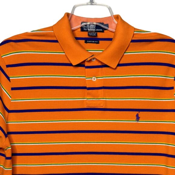 Polo Ralph Lauren Shirt Mens XL Orange Navy Stripe Polo Embroidered‎ Pony Logo - Picture 3 of 5